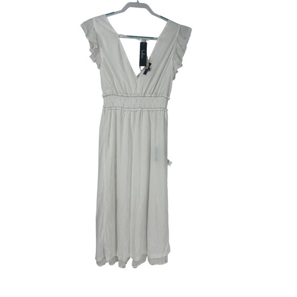 ✨ NWT Lulus White Gold Polka Dot Ruffle Tiered Midi Dress S ✨ - Picture 6 of 8